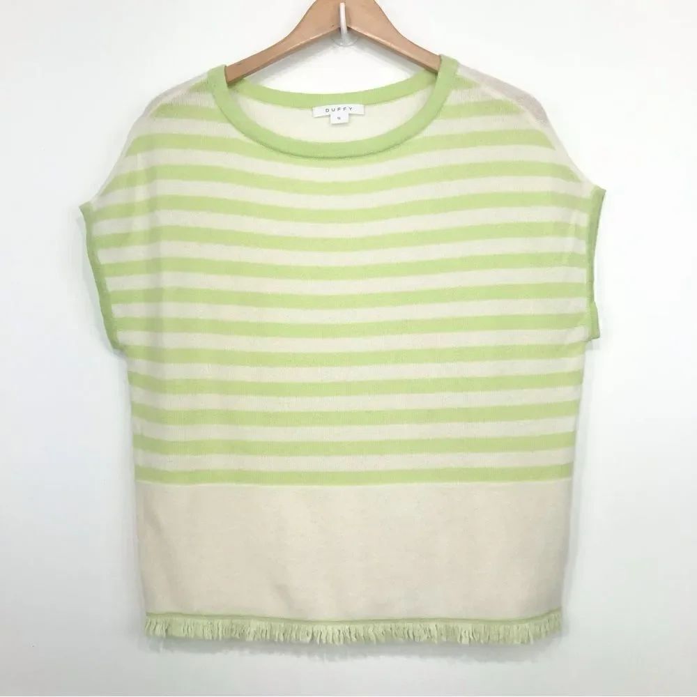 Duffy 100% Cashmere Lime Green White Striped Sleeveless Fringed Tunic Sweater
